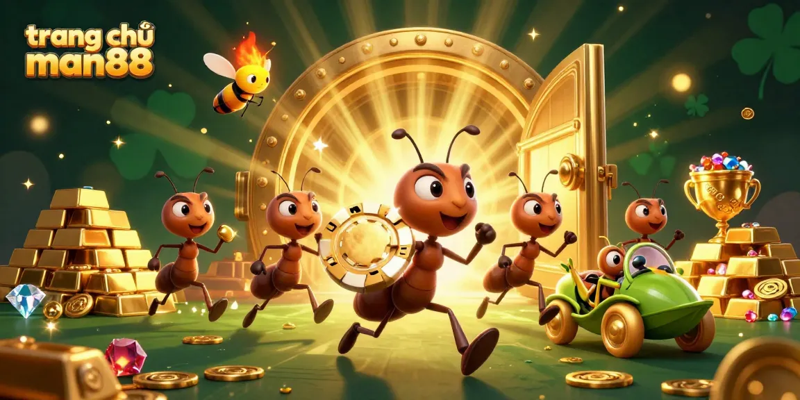 Engage in the thrilling adventures at trang chủ man88 as ants embark on a heist for the ultimate poker chip, surrounded by treasures.
