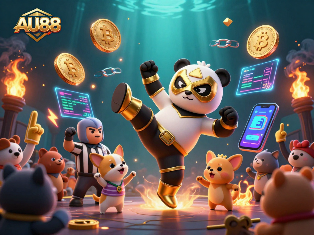 Engage in thrilling gambling action with AU88, featuring a dynamic wrestling panda and excited audience.