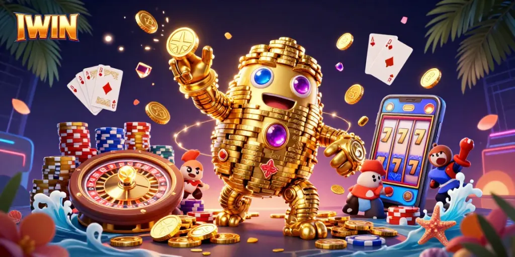 IWIN spins vibrant casino excitement with a golden golem surrounded by coins and games.
