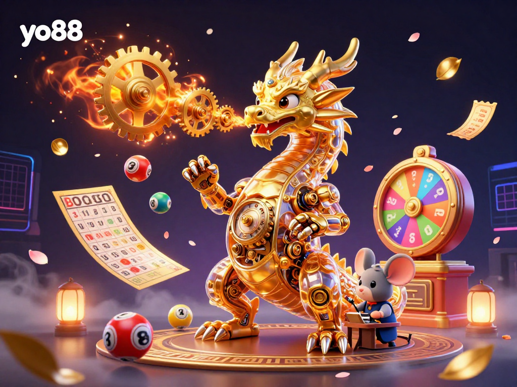 Engage with yo88's vibrant gambling scene, featuring a golden dragon and dynamic lottery elements.