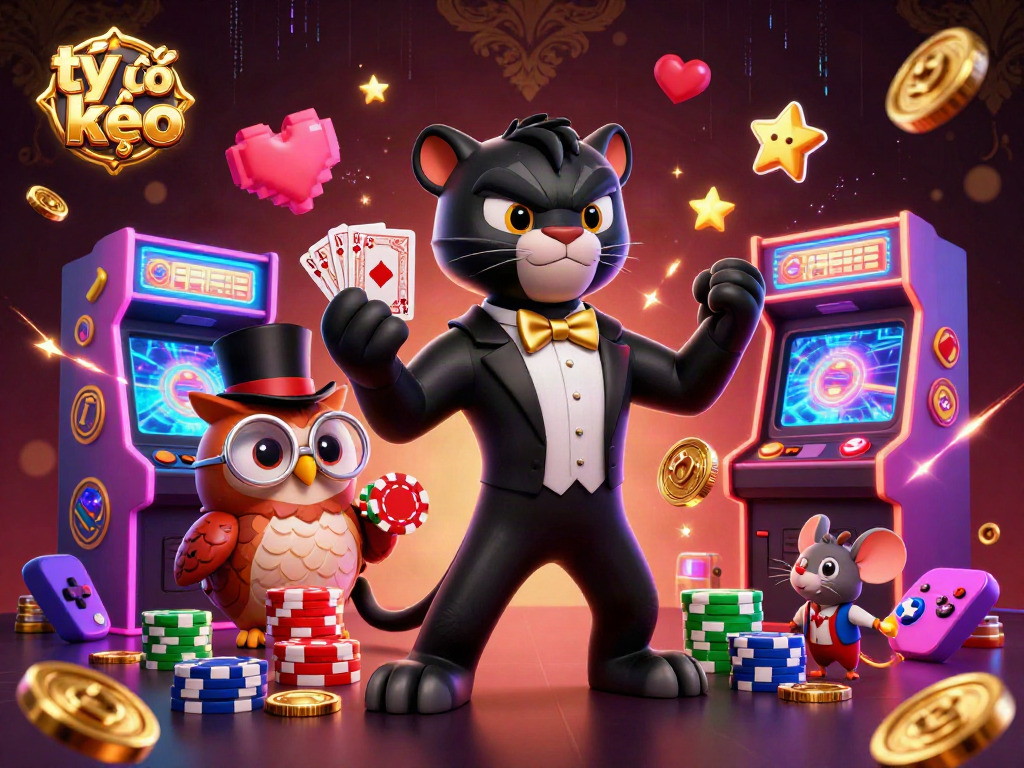 Experience tỷ lệ kèo as the stylish panther deals cards with vibrant gaming elements surrounding them.