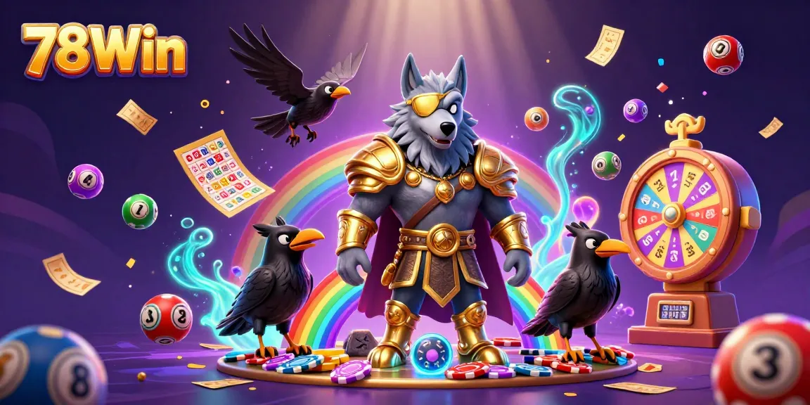 Win exciting prizes at 78Win with Norse mythology-themed casino and lottery elements in a vibrant setting.