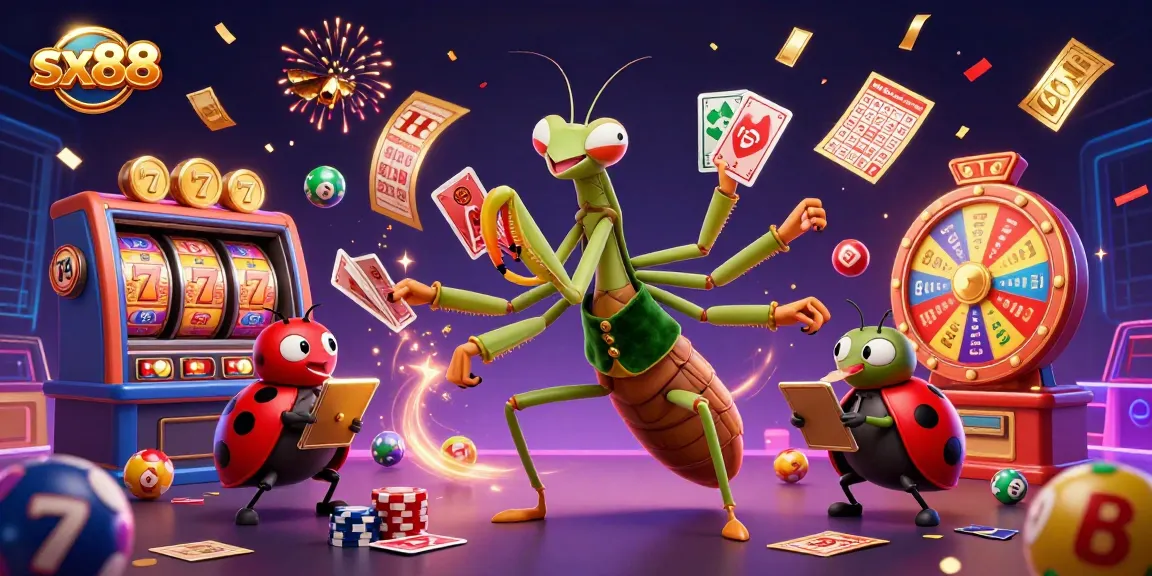 SX88 players enjoy vibrant gaming with colorful lottery balls, a card dealer, and animated characters in a dynamic casino scene.