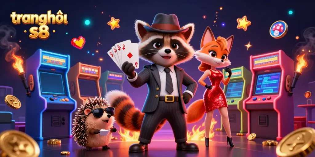 Experience the excitement of trang chủ s8 with a suave raccoon, a glamorous fox, and game elements in a vibrant casino scene.