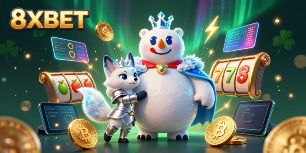 Experience the thrill with 8XBET's colorful 3D world, featuring slot games and rich casino elements.