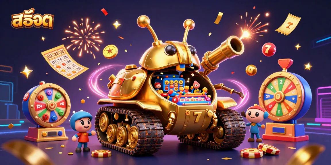 Experience thrilling สล็อต action with a golden beetle tank revealing a mini casino, vivid lights, and confetti.