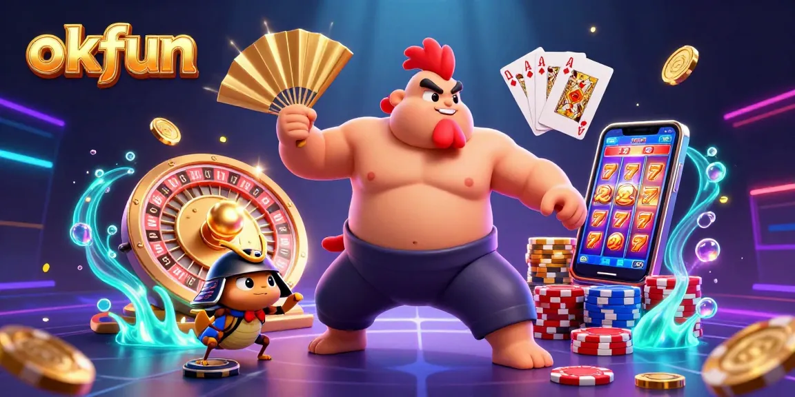 Play casino games with excitement at okfun, featuring a dynamic sumo wrestler and samurai cricket amidst golden coins.