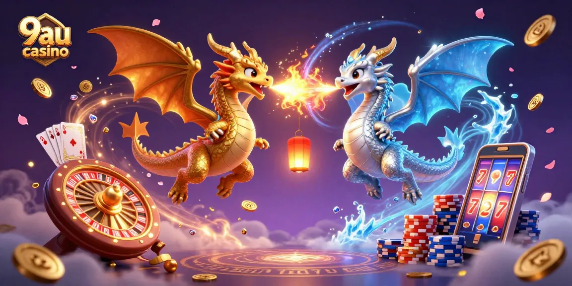 9au casino displays twin dragons in a vibrant, dynamic gaming scene filled with coins and cards.
