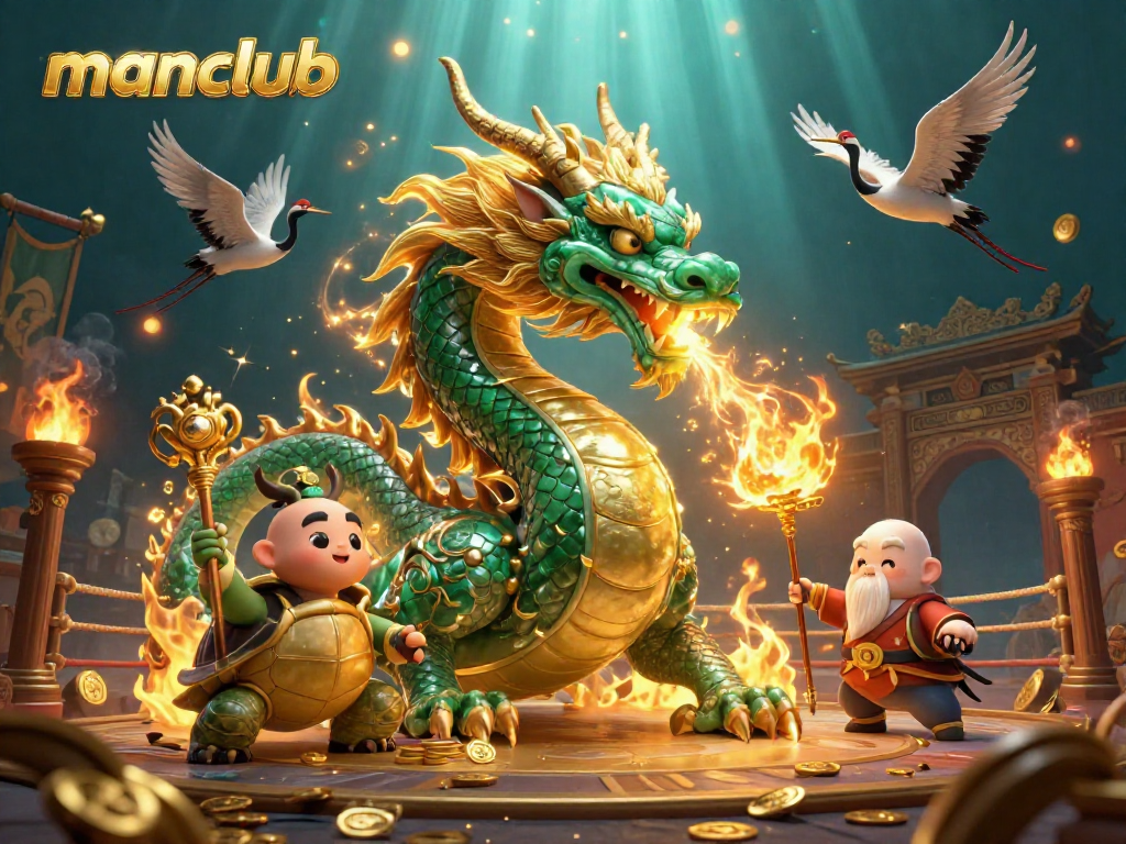 Experience thrilling gameplay with manclub featuring a massive jade dragon and lucky cranes in a dynamic casino scene.