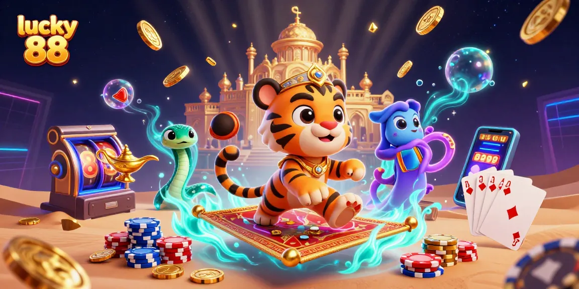 Experience the thrill of lucky 88 slots with an extravagant Arabian-themed illustration.