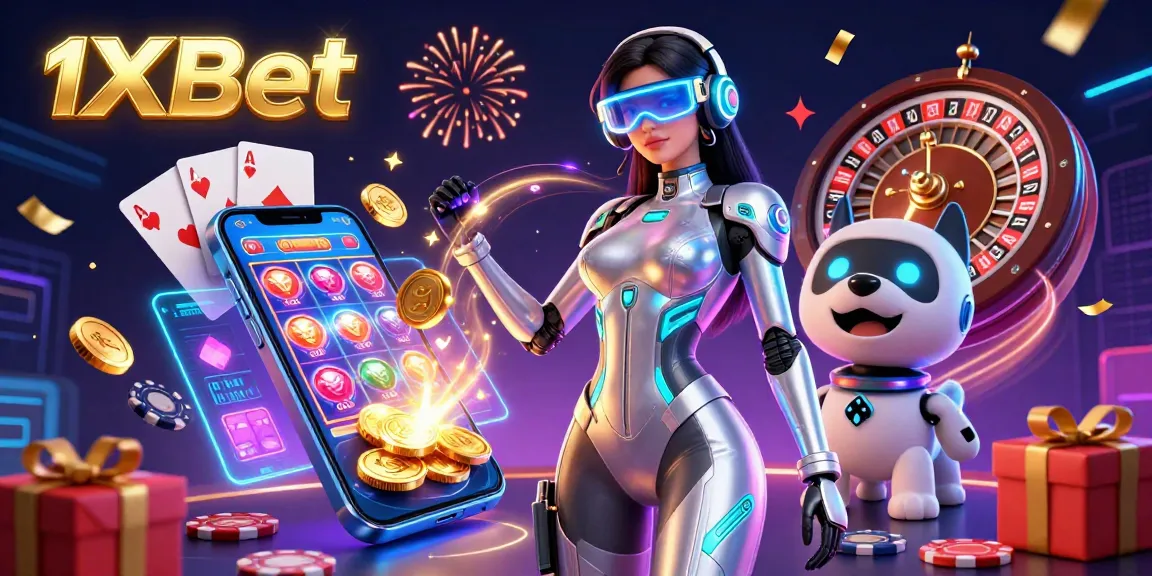 Experience thrilling moments with 1xBet as a futuristic woman and robot dog navigate a dynamic casino gaming scene.