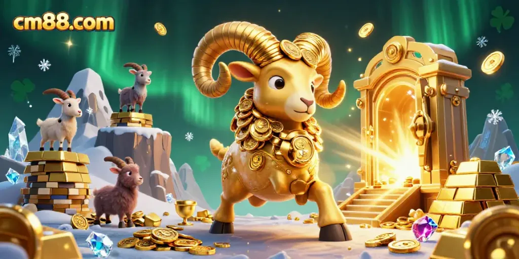 Experience cm88com's thrilling casino adventure with a golden ram charging towards a treasure vault.