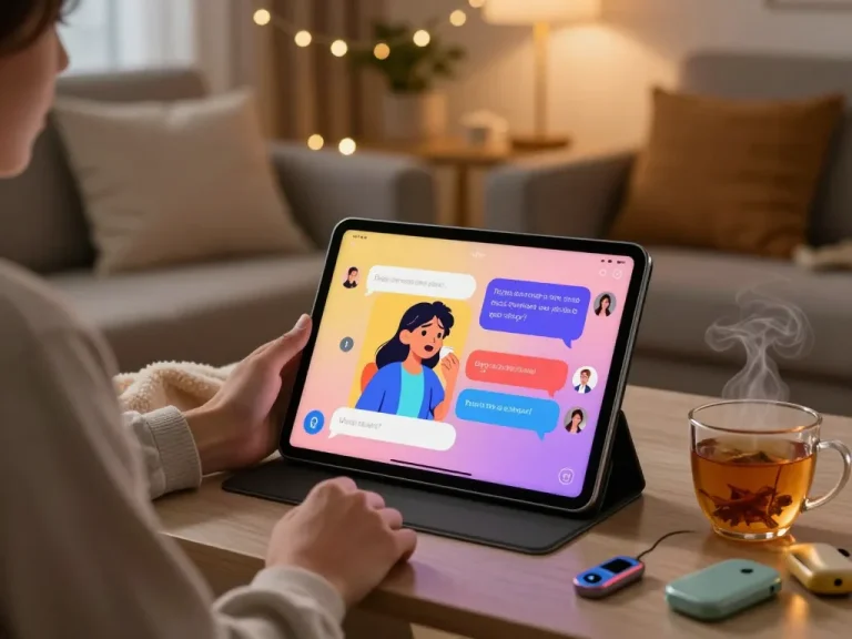 Engaging free ai sex chat on a cozy tablet screen in a warm living room setting