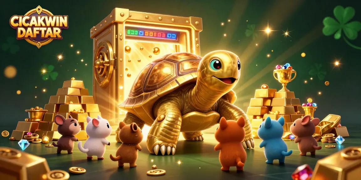 CICAKWIN DAFTAR showcases players enjoying a gaming experience with a giant golden tortoise pinball machine in a vibrant illustration.