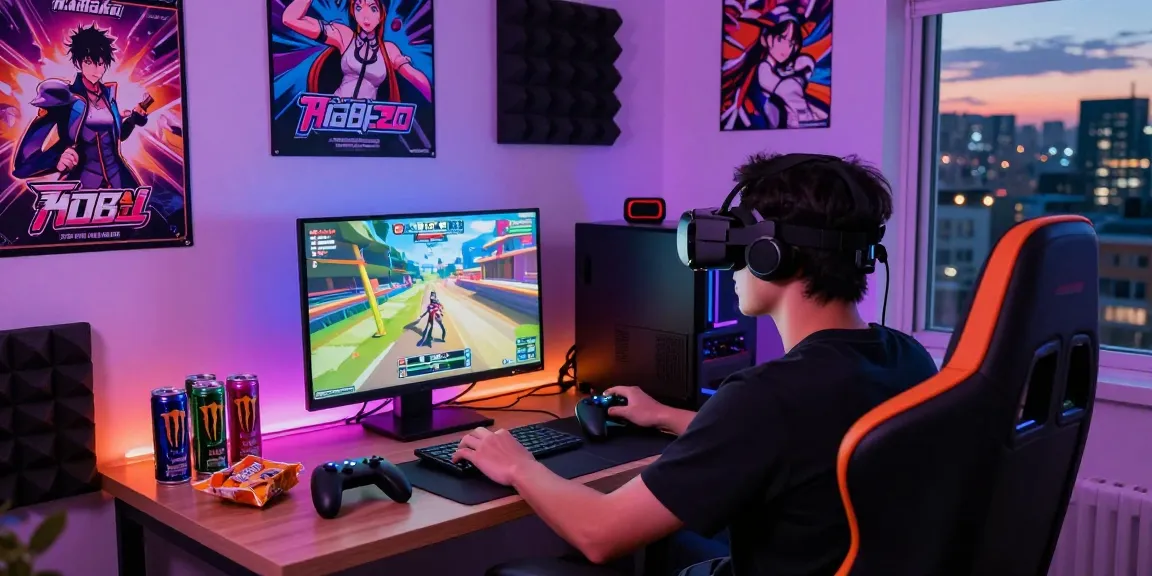Engaging player immersed in an ecchi simulator gaming experience in a cozy gaming nook.