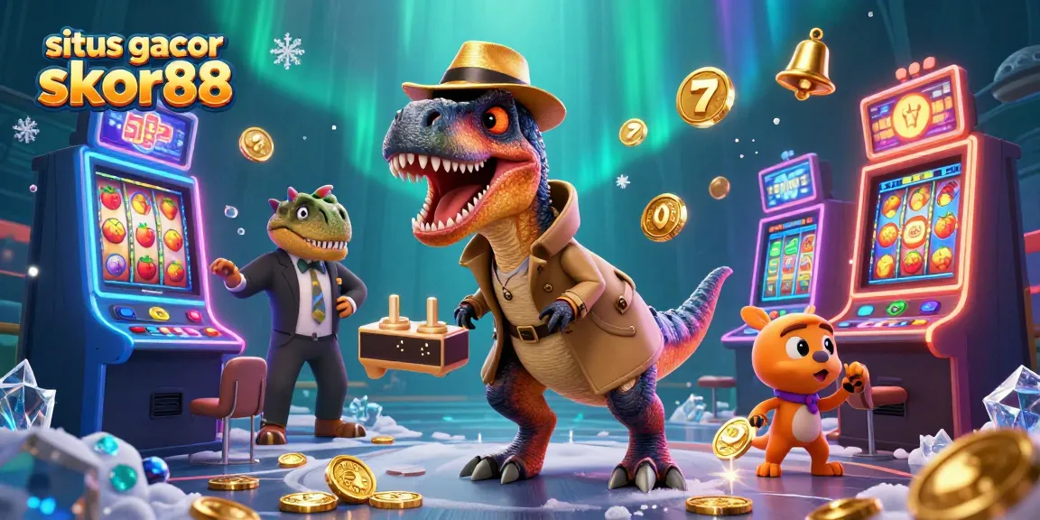Experience the excitement at situs gacor skor88 where a clever velociraptor plays slots amidst vivid casino elements.