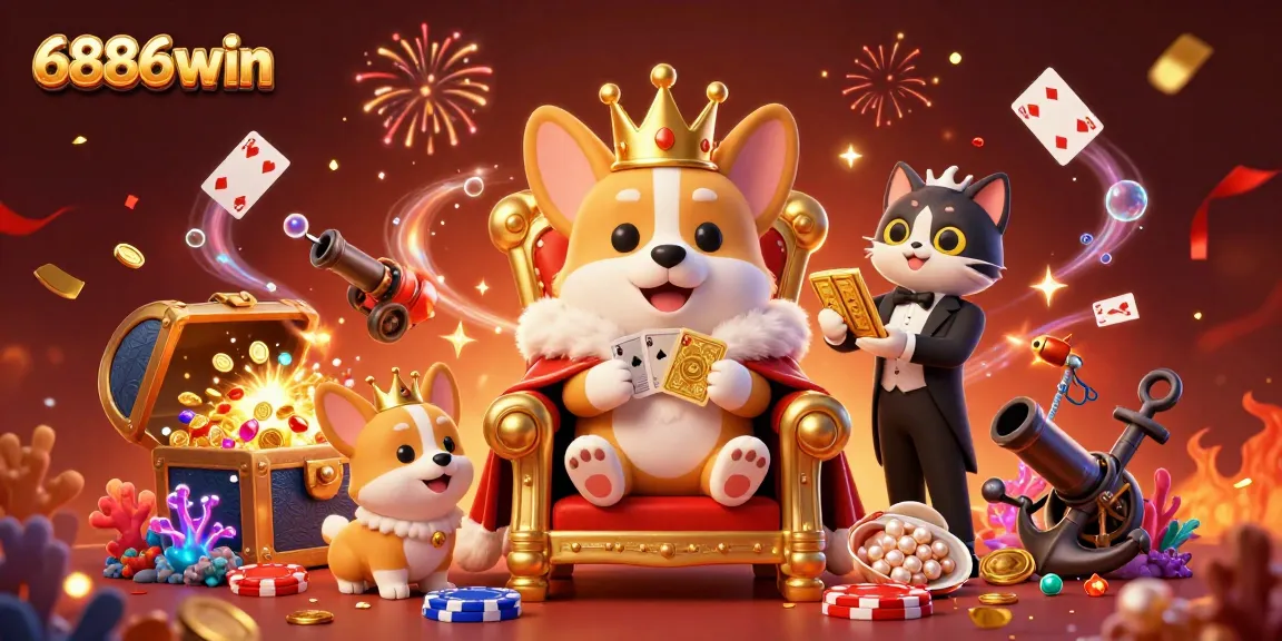 Experience the thrill of winning at 6886win with a vibrant casino scene featuring royal corgis and treasure.