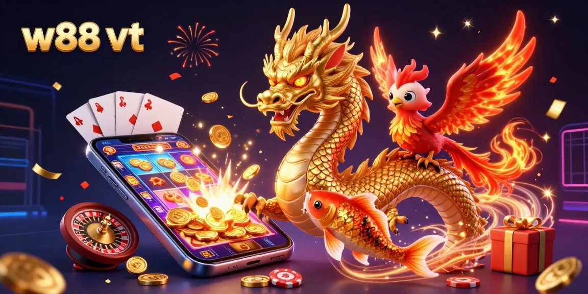 Cá cược thú vị tại w88 vt với rồng vàng, phượng hoàng và cá koi, trò chơi hấp dẫn.