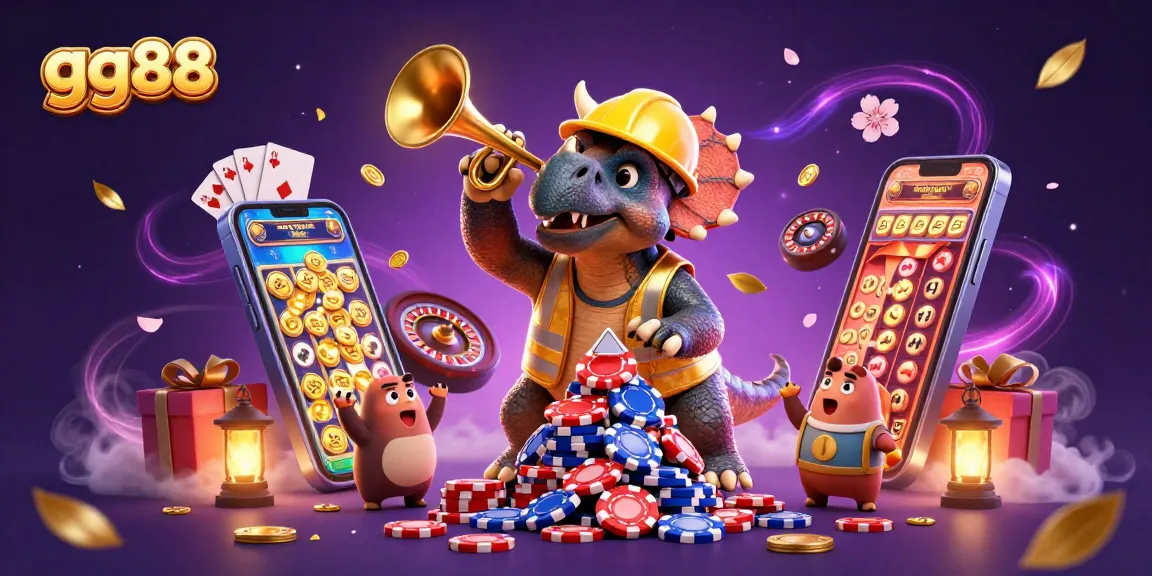Experience exciting gaming with gg88's dynamic scene featuring cheerful dinosaurs and casino elements.